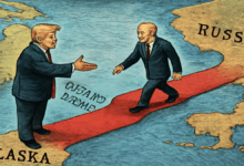 Cartoon illustration of Donald Trump and Vladimir Putin meeting on a red carpet bridge connecting Alaska and Russia.