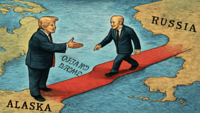 Cartoon illustration of Donald Trump and Vladimir Putin meeting on a red carpet bridge connecting Alaska and Russia.